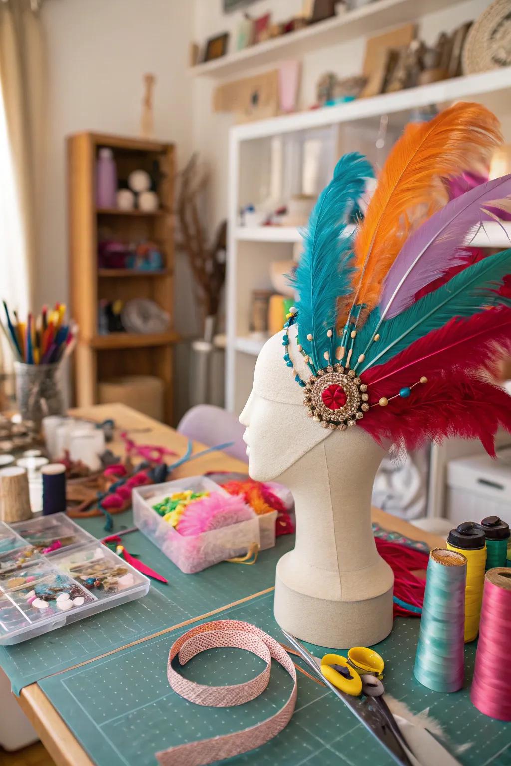 Feathered headpieces add a touch of elegance and fun to the party attire