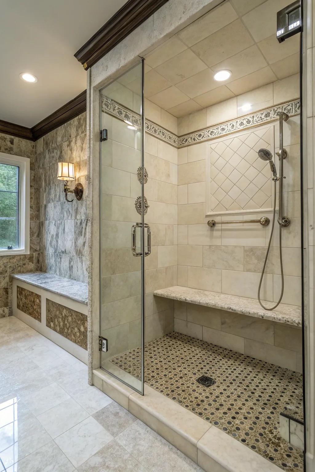 A walk-in shower featuring a comfortable built-in bench.