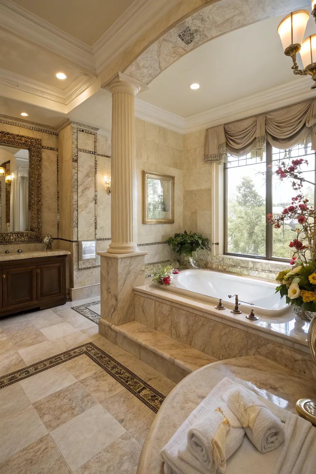 High-end materials bring an opulent and timeless feel to the bathroom.