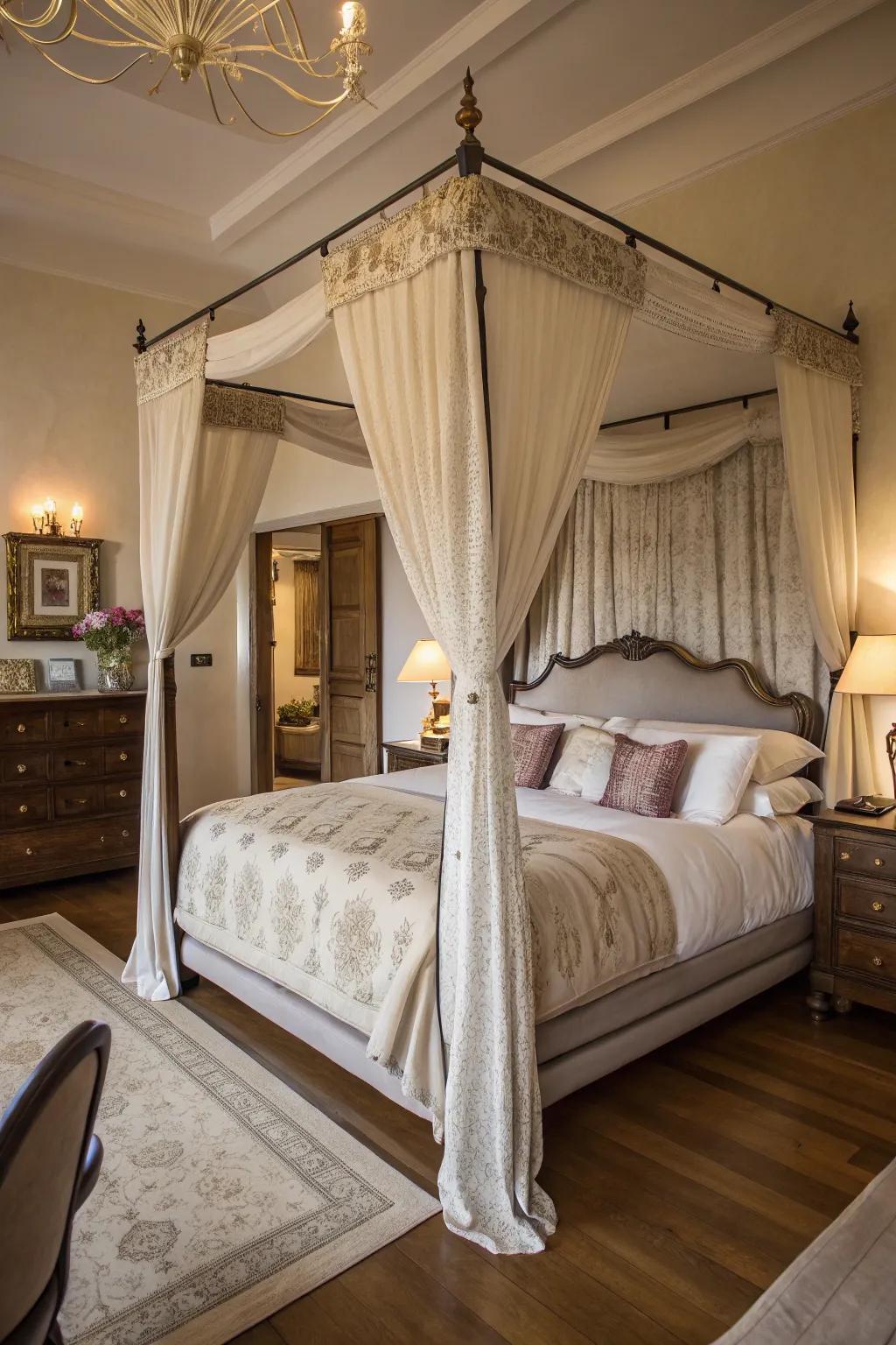 A sleeping area centered around an elegant canopy bed.