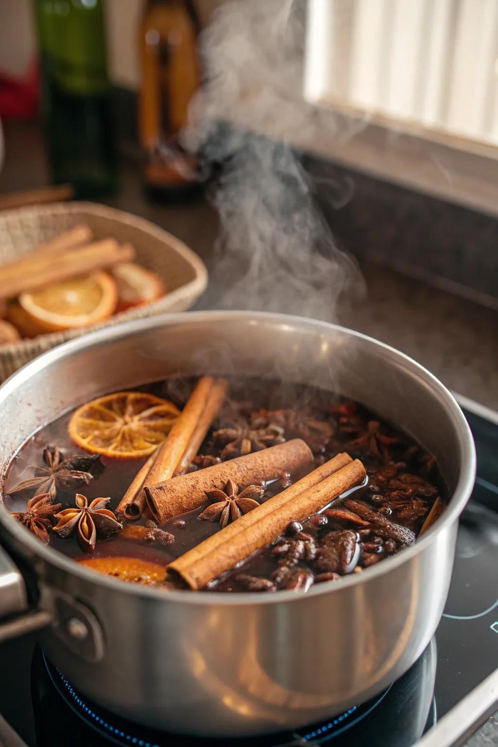 Cinnamon sticks and cloves simmering to create a natural holiday scent.