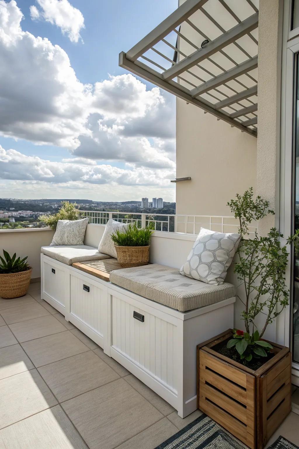 Optimize your balcony using versatile furnishings.