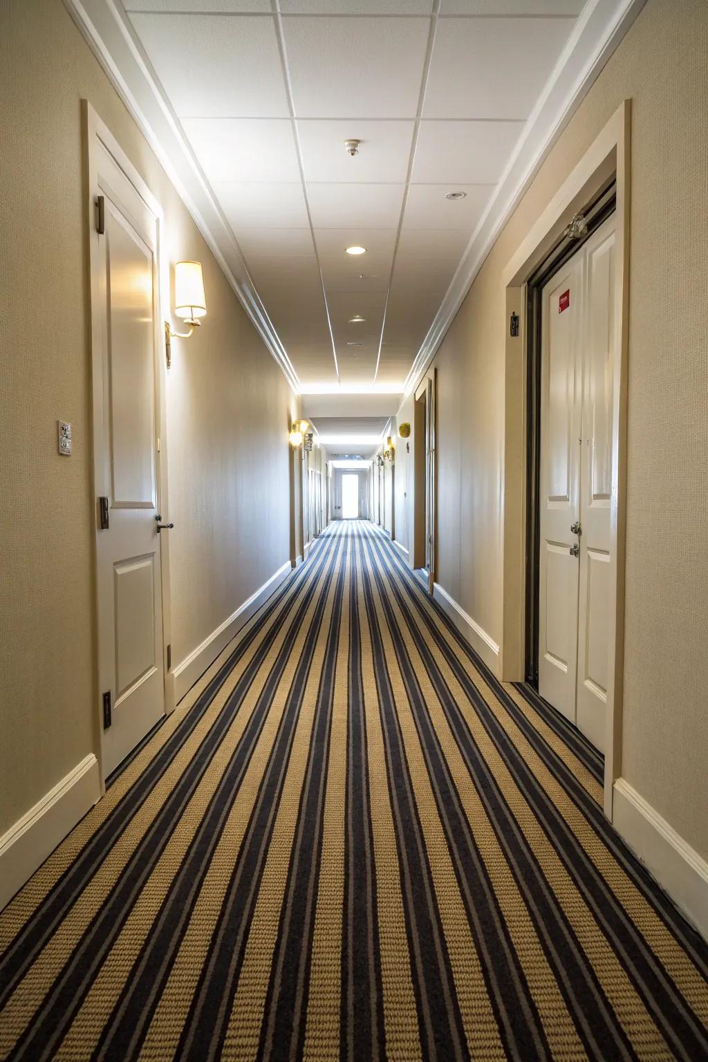 Hallway featuring a striped carpet for a visually elongated effect