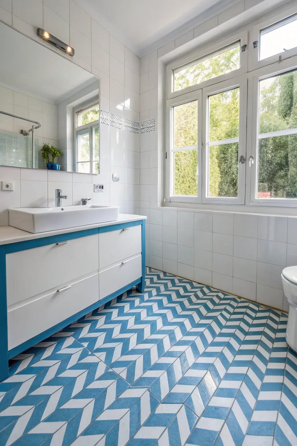 A bathroom featuring playful chevron patterned floor tiles for added character.