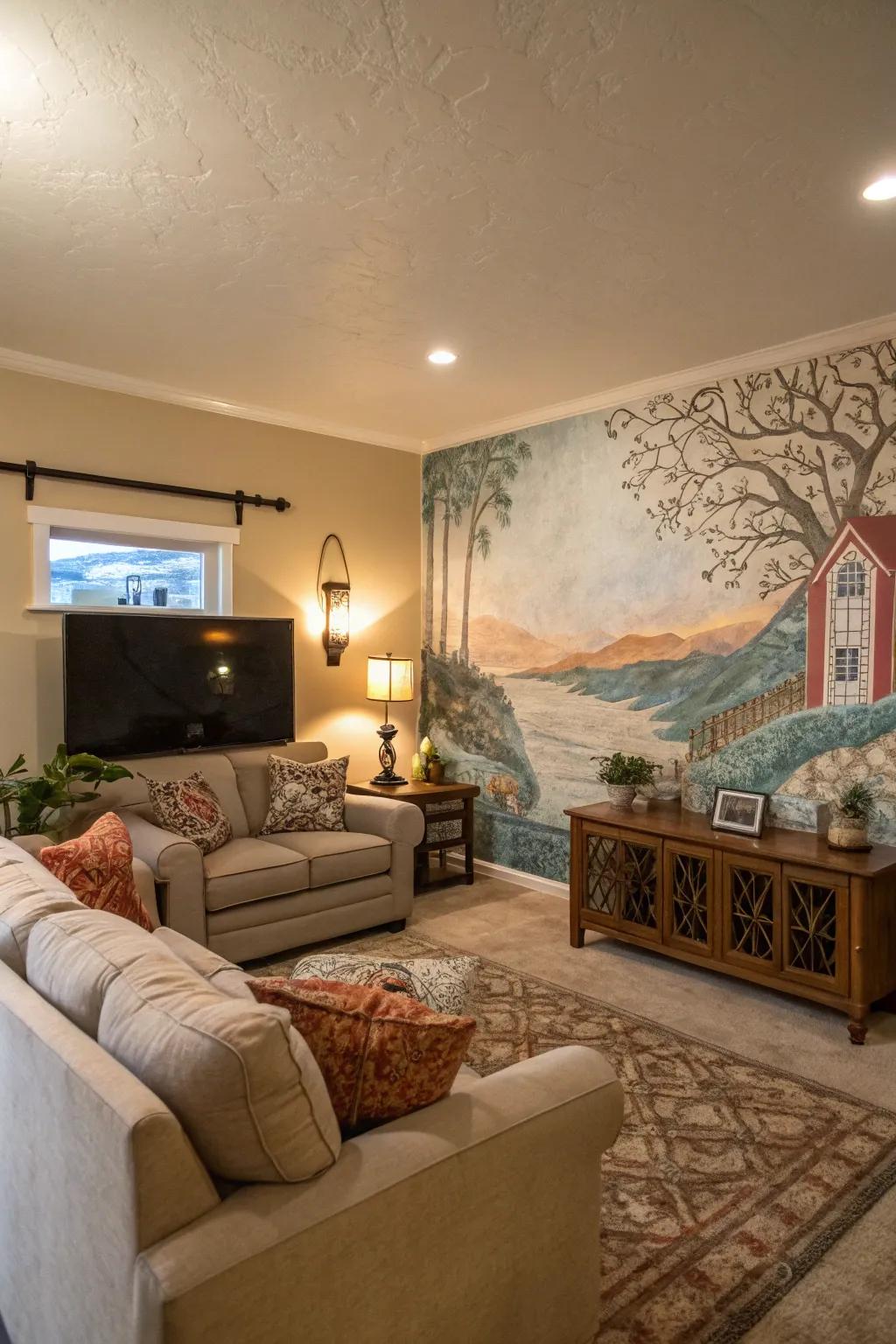 A custom mural adds a unique artistic touch to the modern living room.