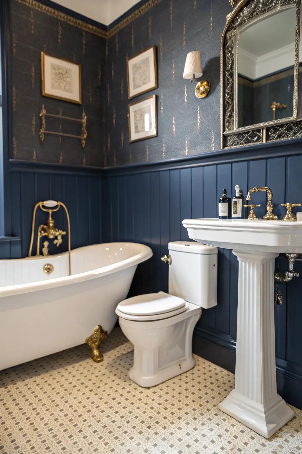 Vintage fixtures add charm to navy blue bathrooms.