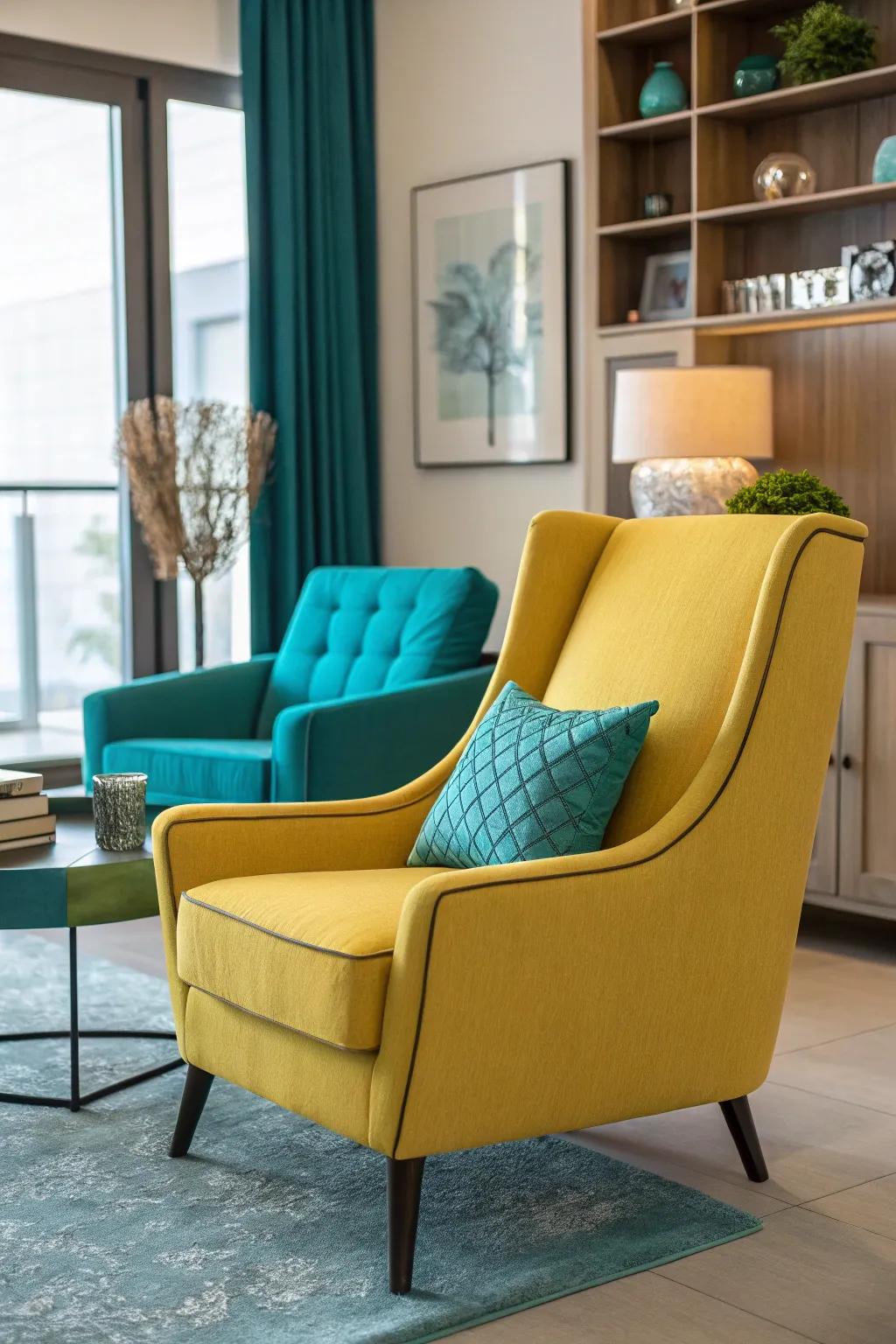 A daffodil armchair adds an unexpected pop of color.