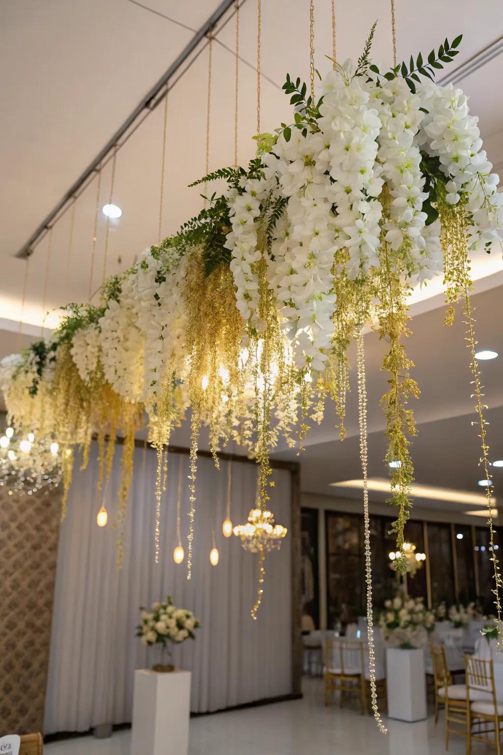 Suspended florals that add a magical, floating garden effect.