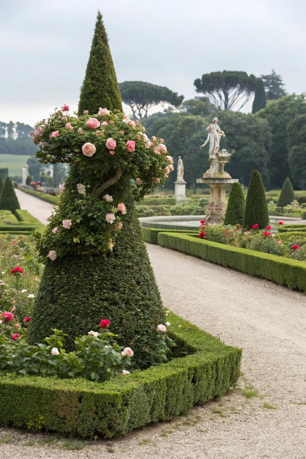 A moss rose topiary offers an elegant garden feature.