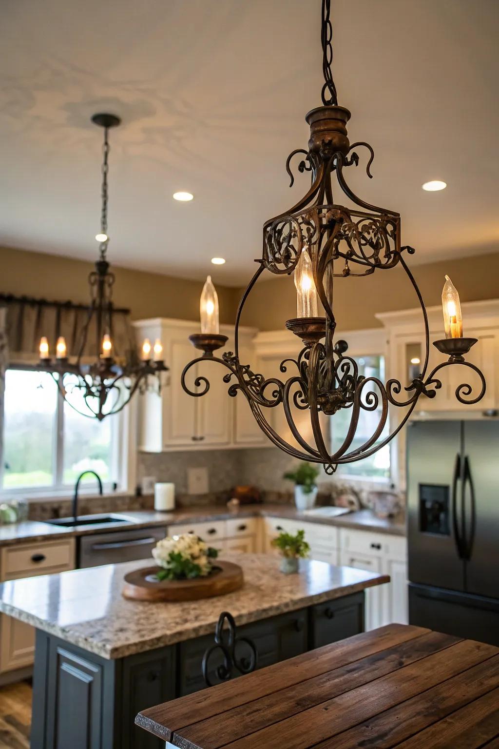 Unique lighting fixtures elevate the rustic ambiance of this kitchen.