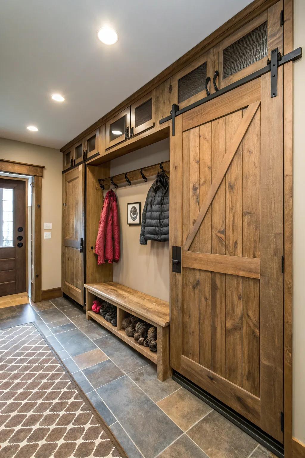 Mudroom featuring sliding barn doors that add a rustic yet modern touch.