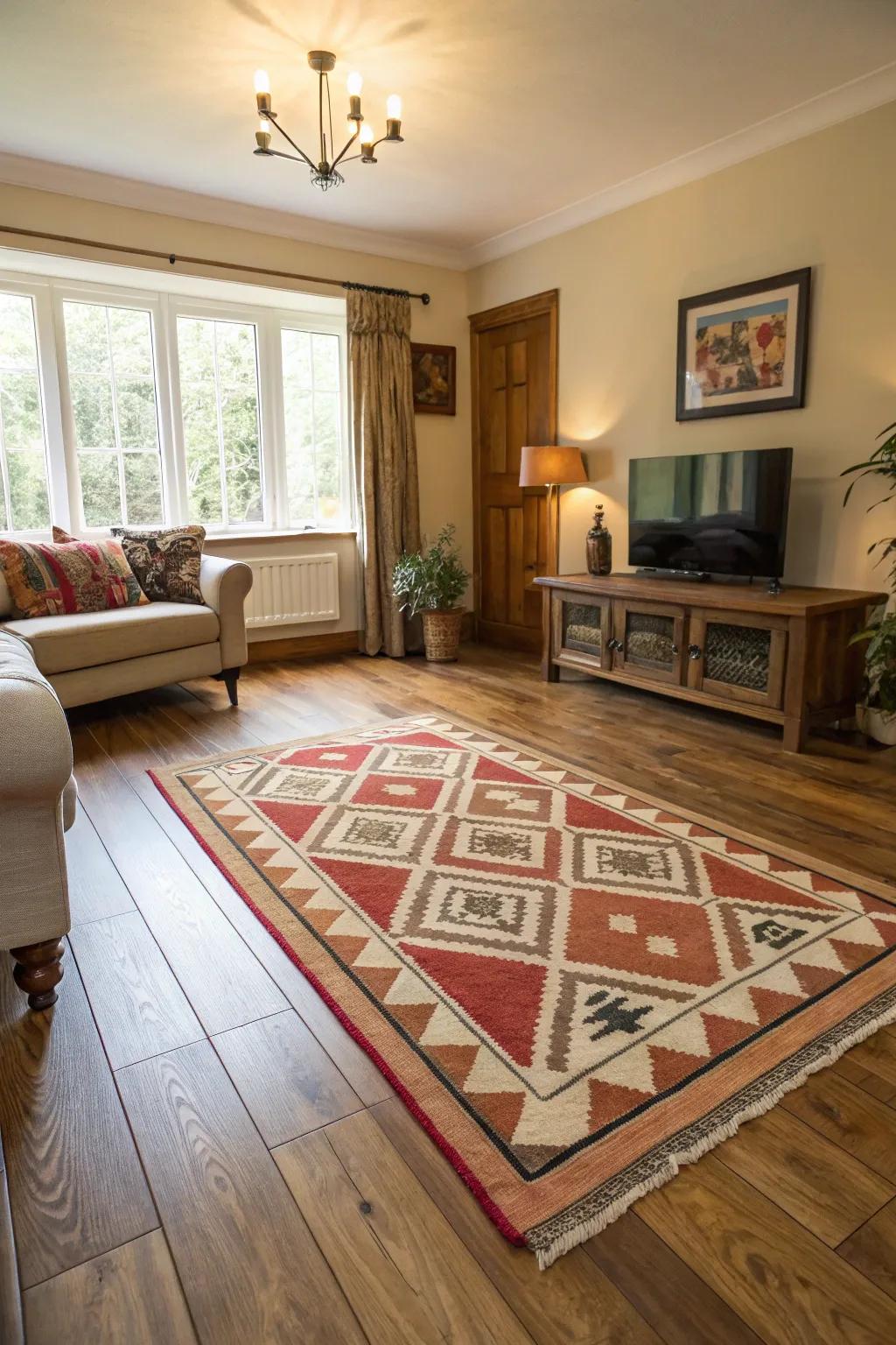 Geometric rugs add a modern touch to oak-floored spaces.