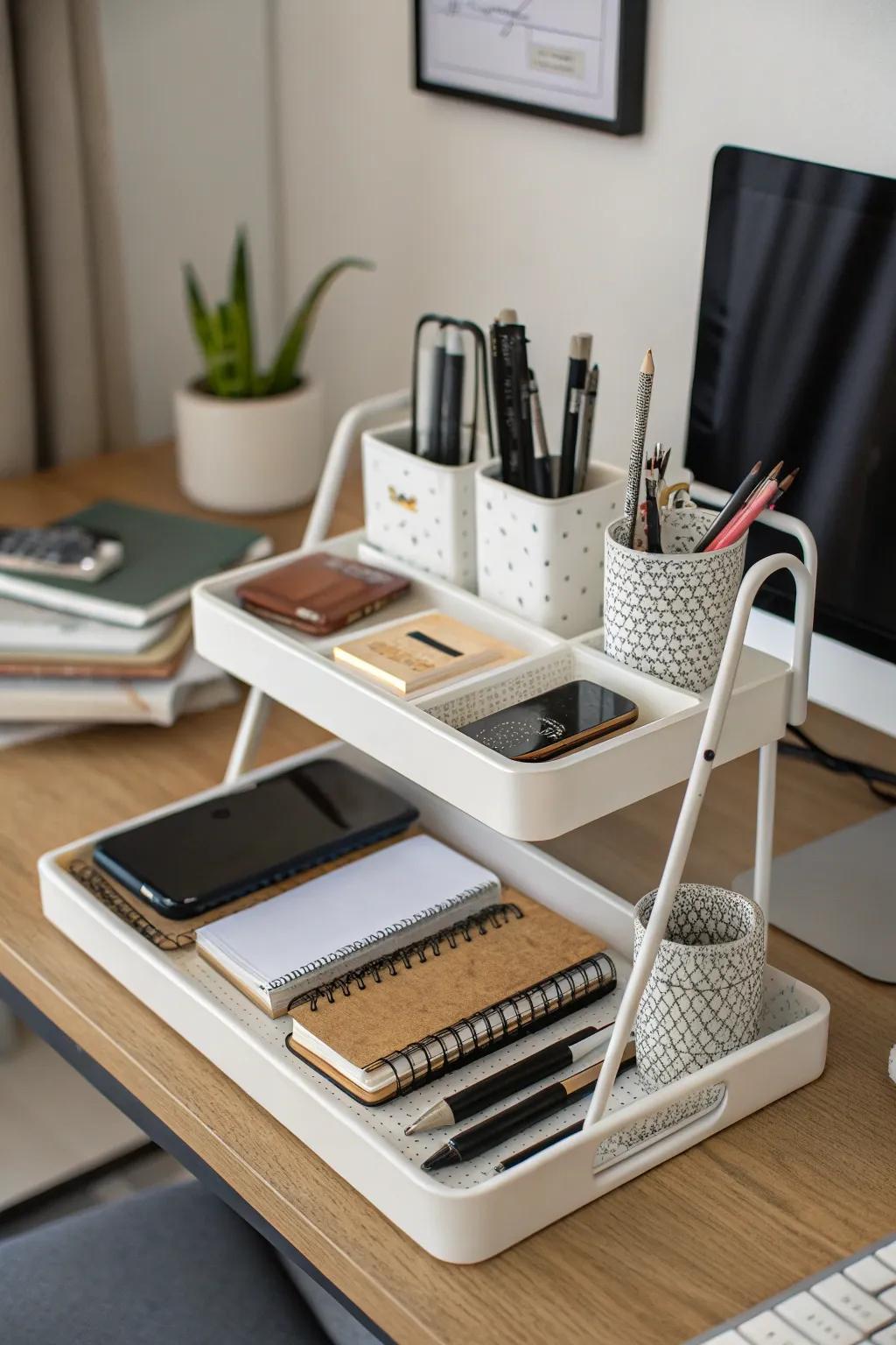 Tiered organizers offer efficient and accessible desk storage.