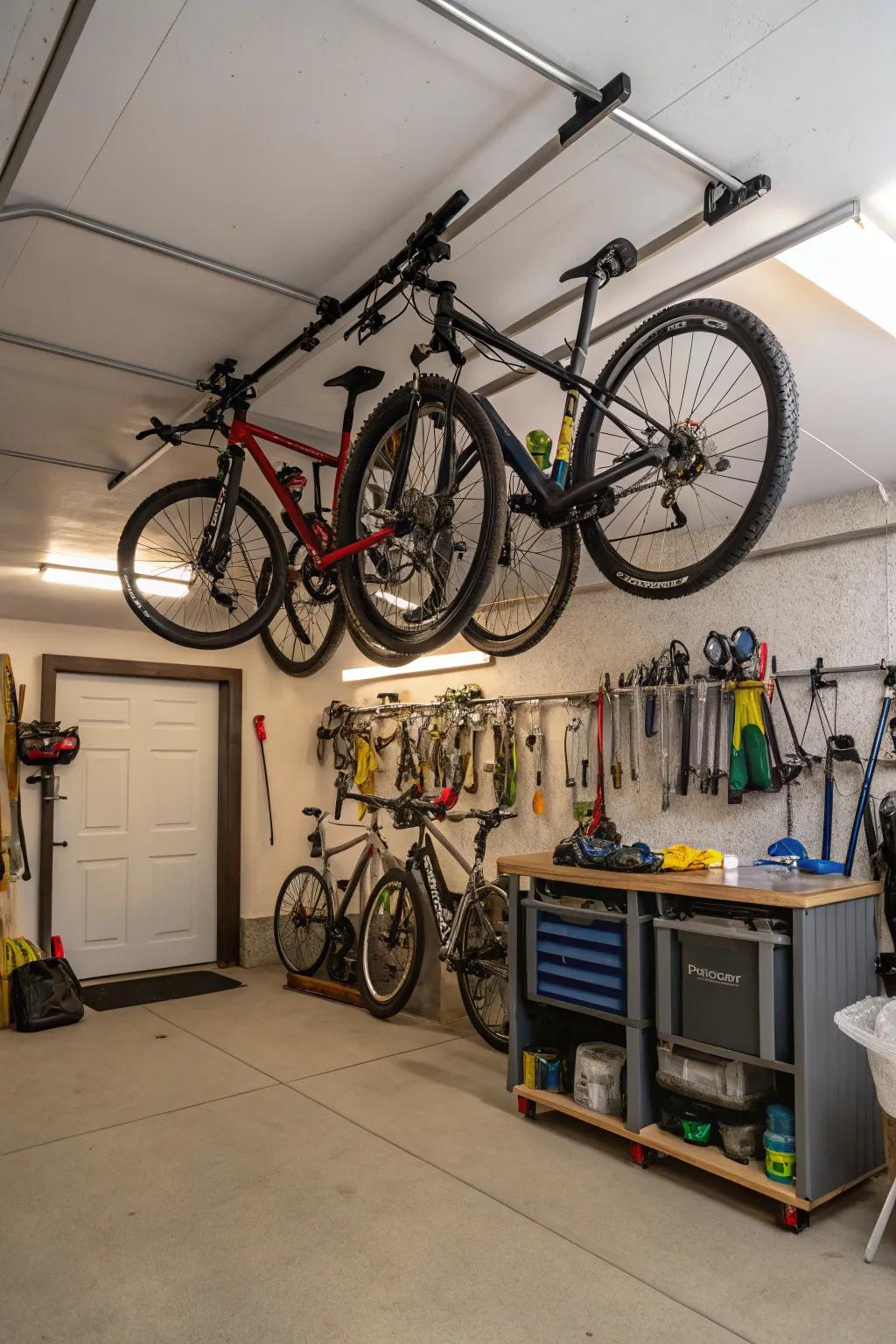 Ceiling-mounted bike racks keep bikes organized and off the floor.