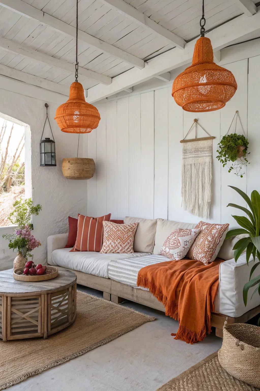 Orange lighting that adds warmth and ambiance to a modern living space.
