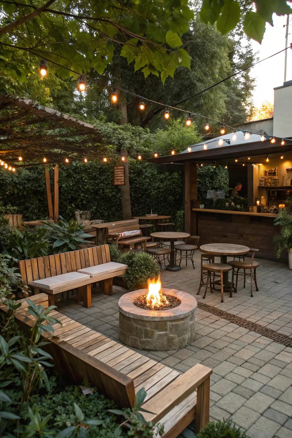 A snug coffee bar with a nearby fire pit for warmth and ambiance.