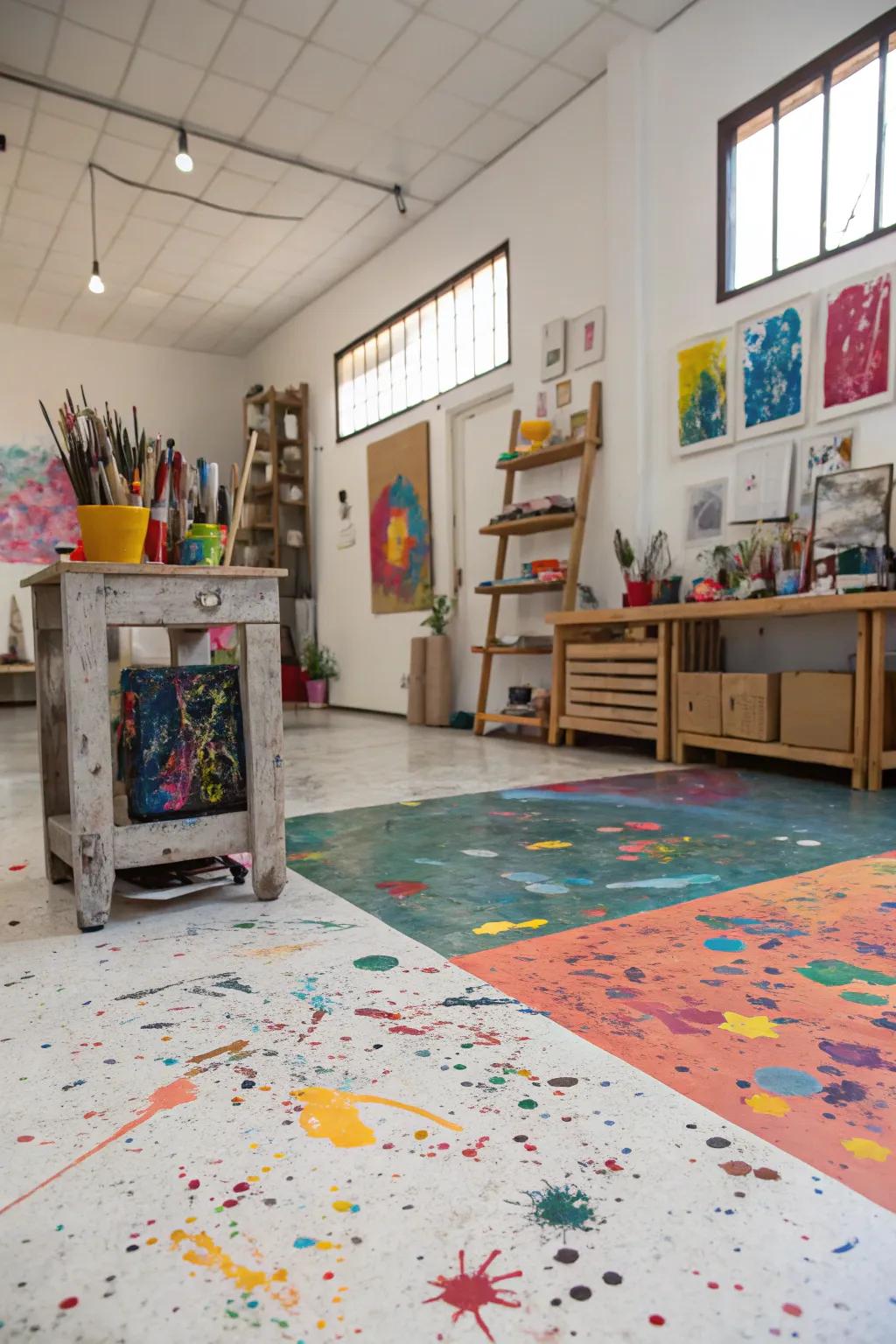 An art workspace with artistic drip-painted floors, creating a vibrant and inspiring environment.