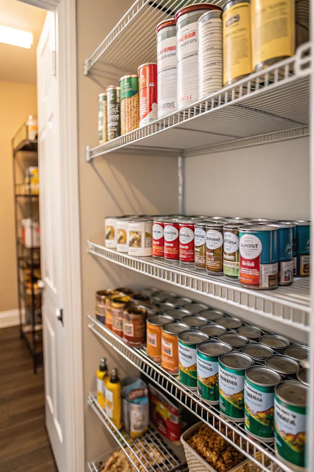 Canned goods racks in a pantry ensure organized and easy access to cans.