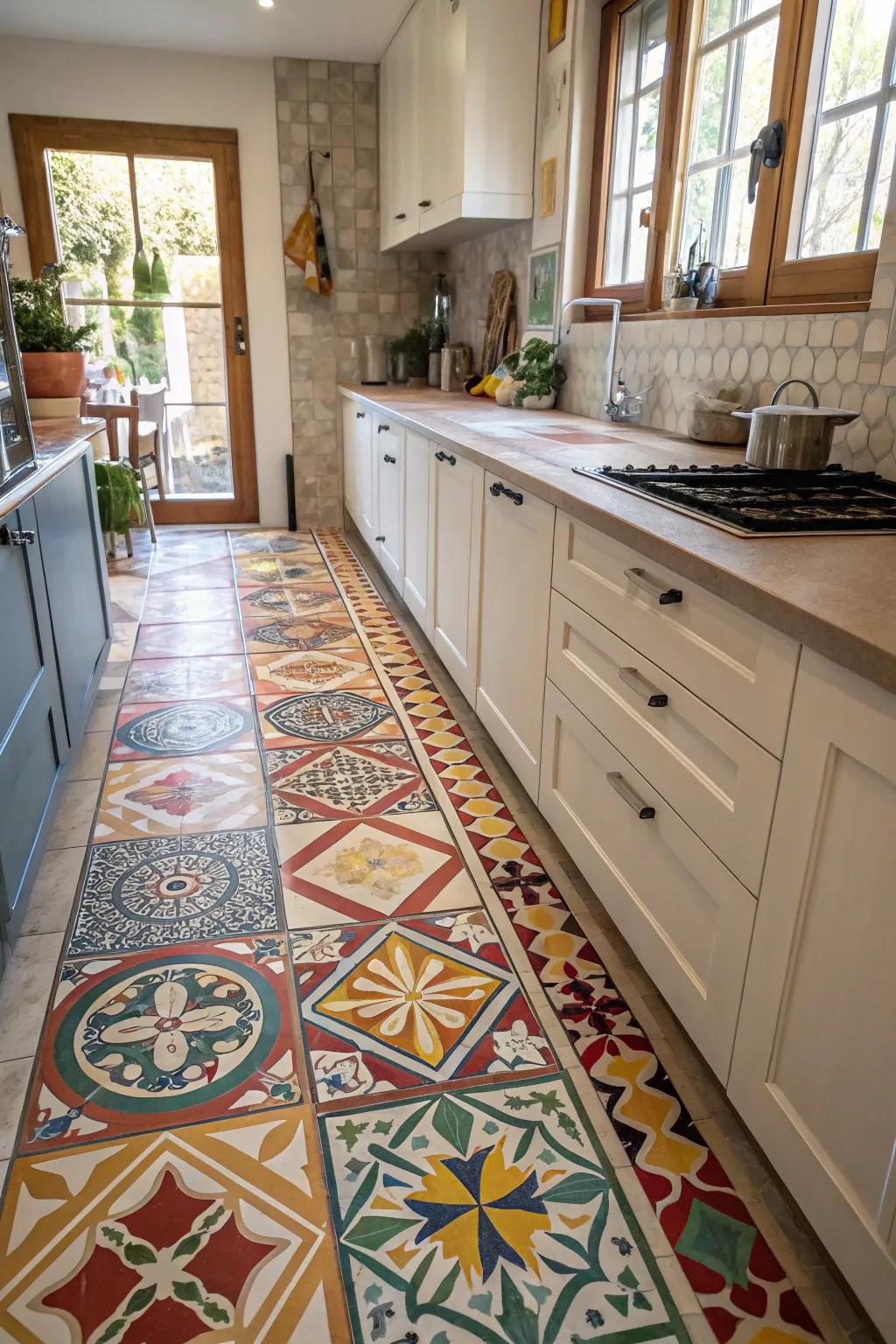 Eclectic tile patterns add a playful touch.