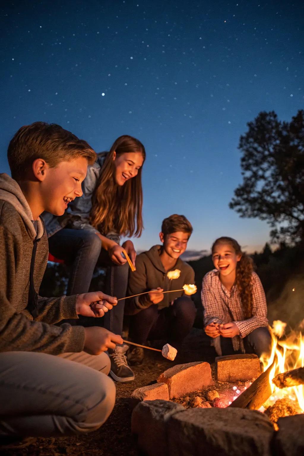 Teens enjoying a cozy bonfire night with s'mores under the stars.