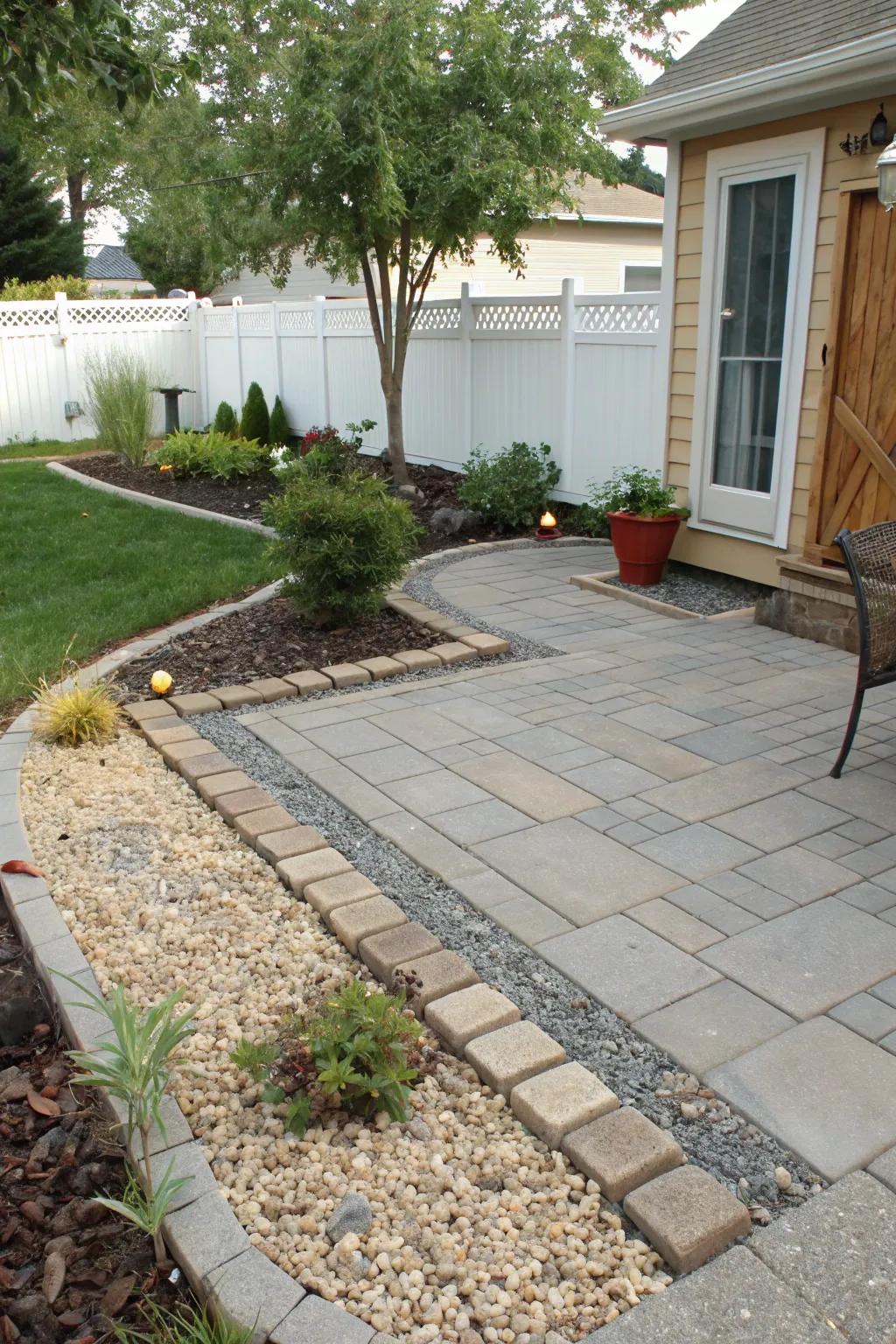 A paver patio combined with decorative gravel, offering a stylish and low-maintenance solution.