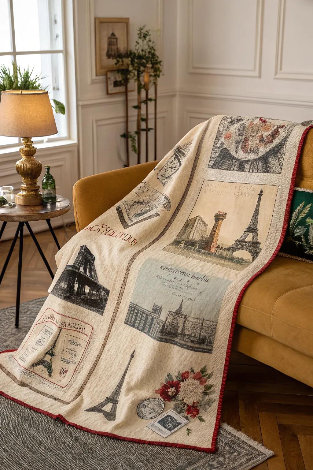 A blanket with vintage postcard designs, perfect for adding old-world charm.