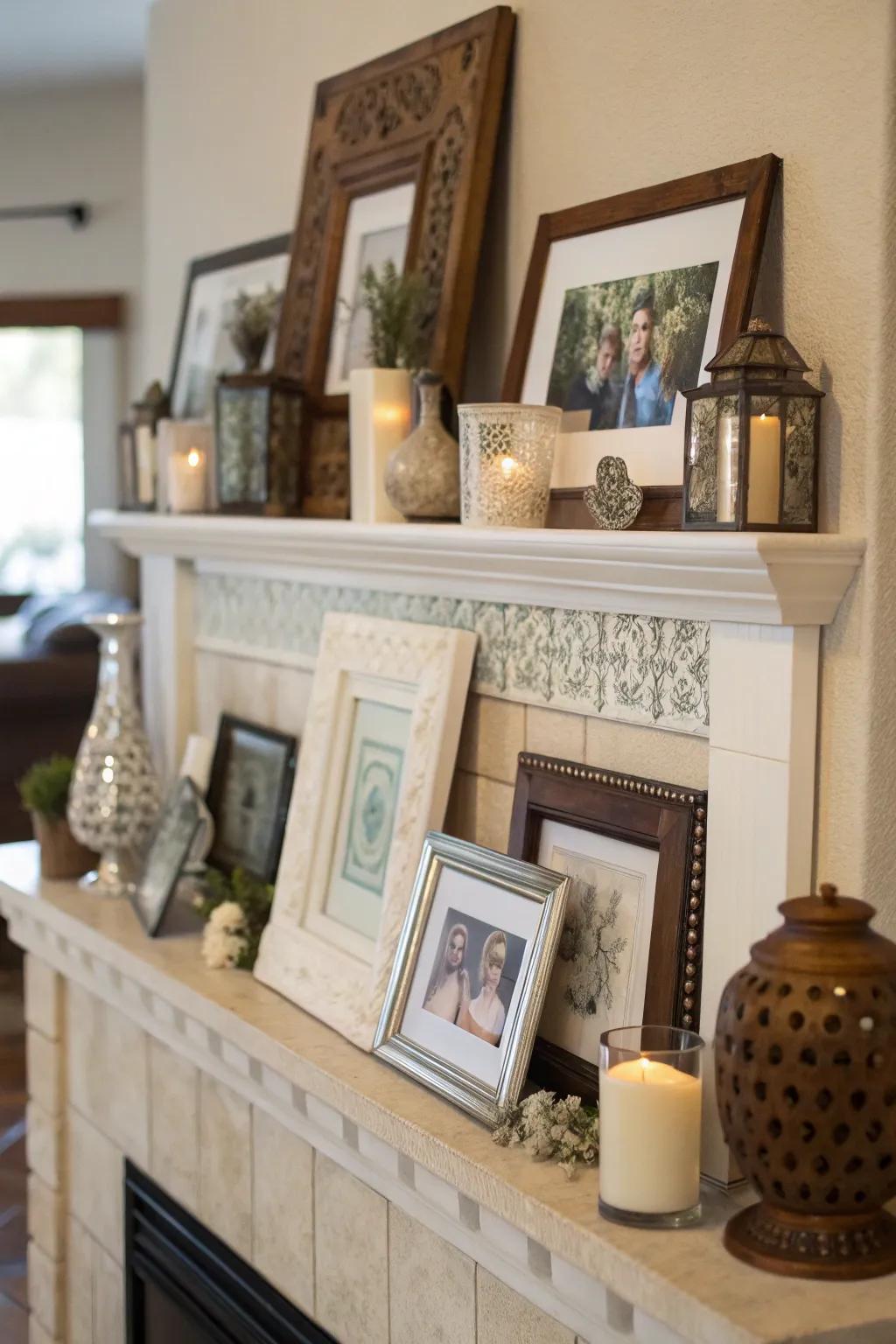 Layering frames on a mantel creates a cozy and visually rich display.