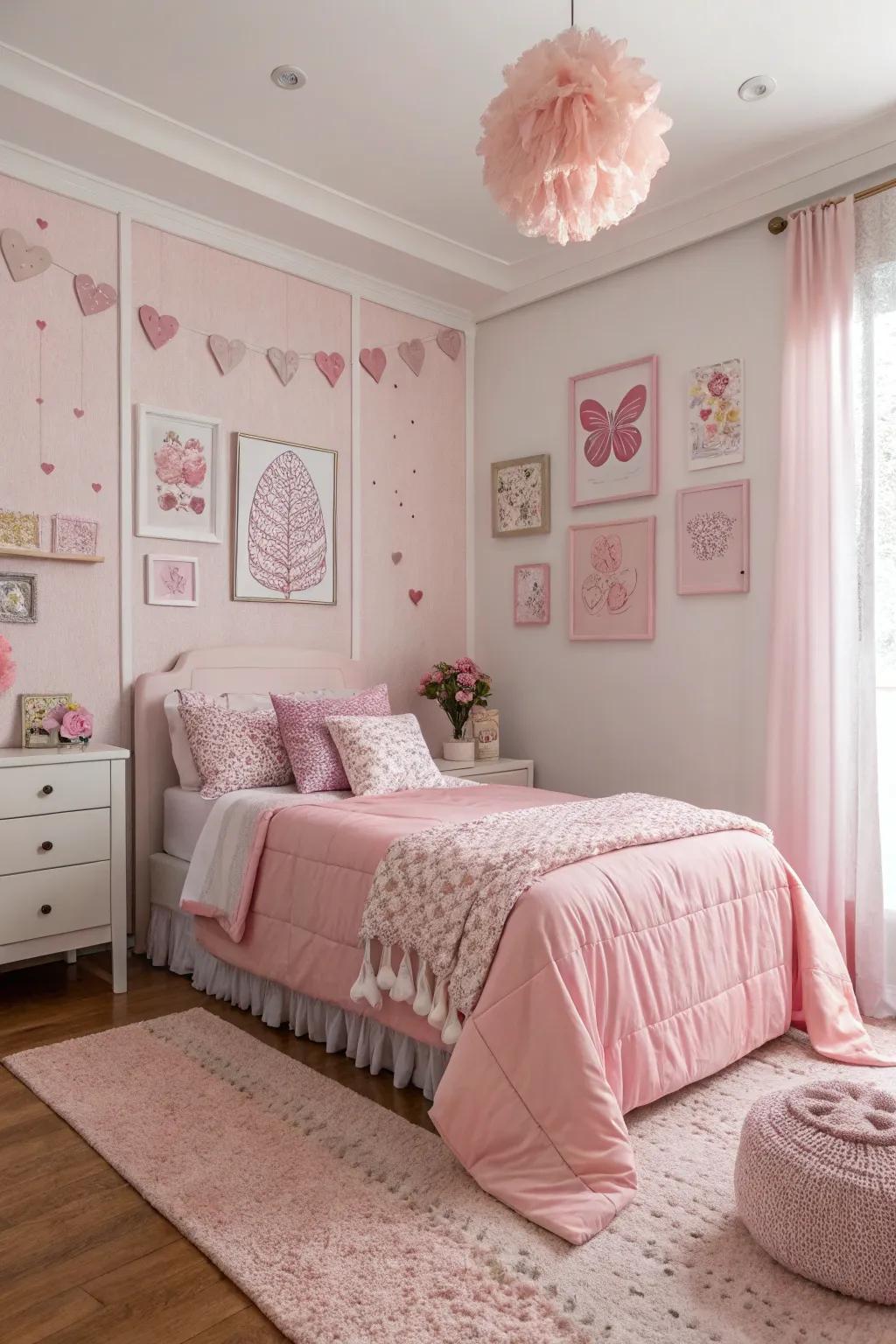 A monochromatic pink design brings sophistication to this modern bedroom.