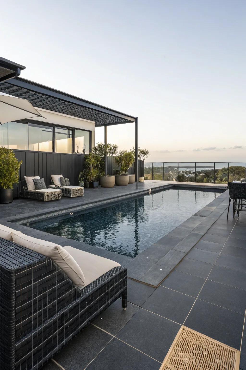 Onyx darkness ceramics give a polished and splendid pool-side design.