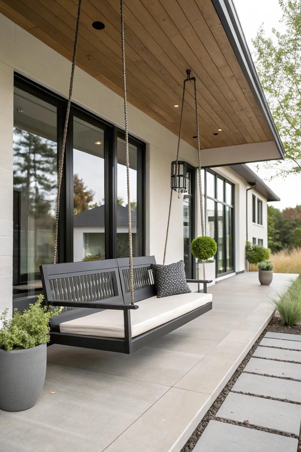 A floating bench introduces a streamlined, contemporary aesthetic to the veranda.