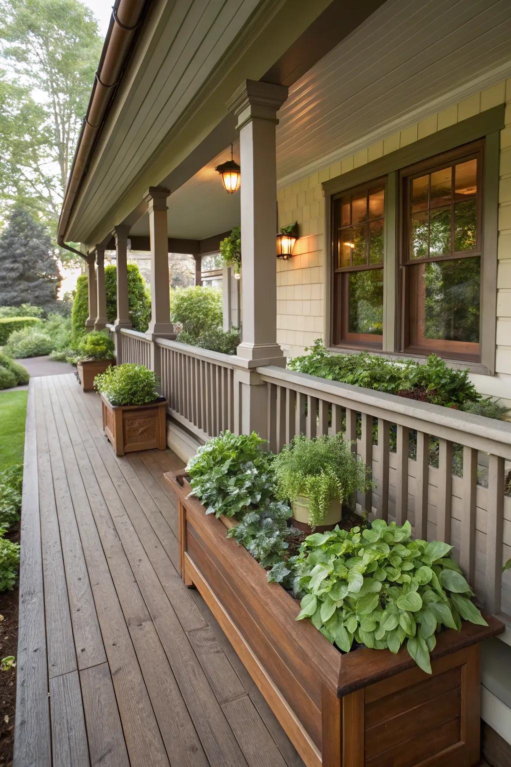 Integrated planter boxes offer seamless design.