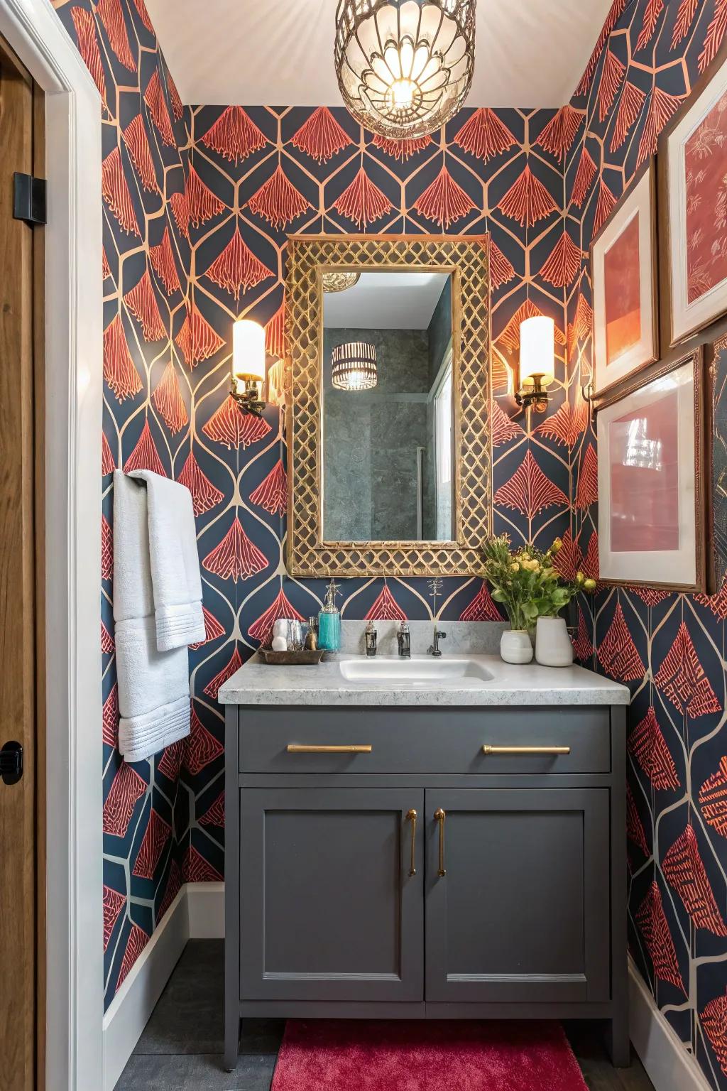 Unexpected color combinations create a dynamic and memorable powder room.