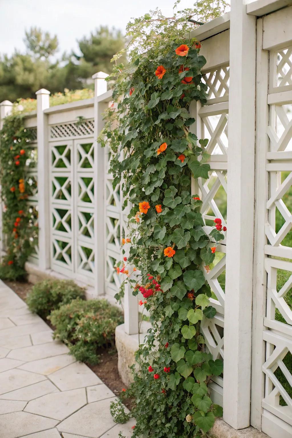 Bring artistic flair to privacy with a geometric pattern trellis.