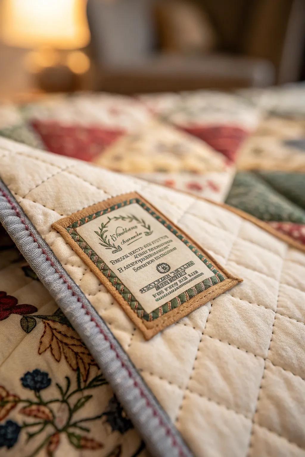 Personalized quilted labels add a sentimental touch.