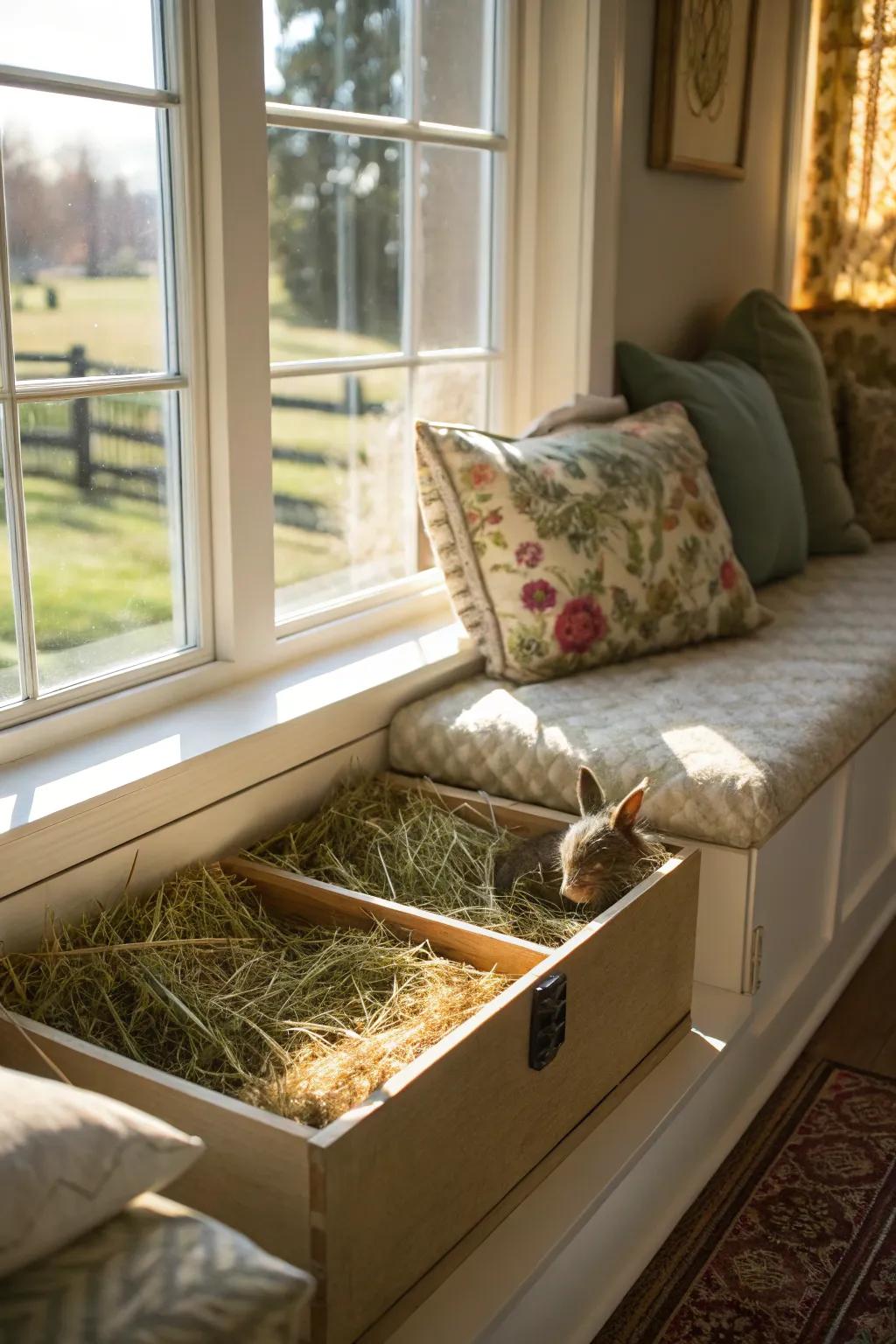 A window seat with hidden storage for rabbit hay.