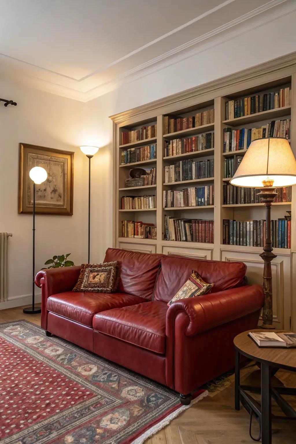 A comfortable niche with a scarlet hide sofa furnishes a perfect site for unwinding and perusing.