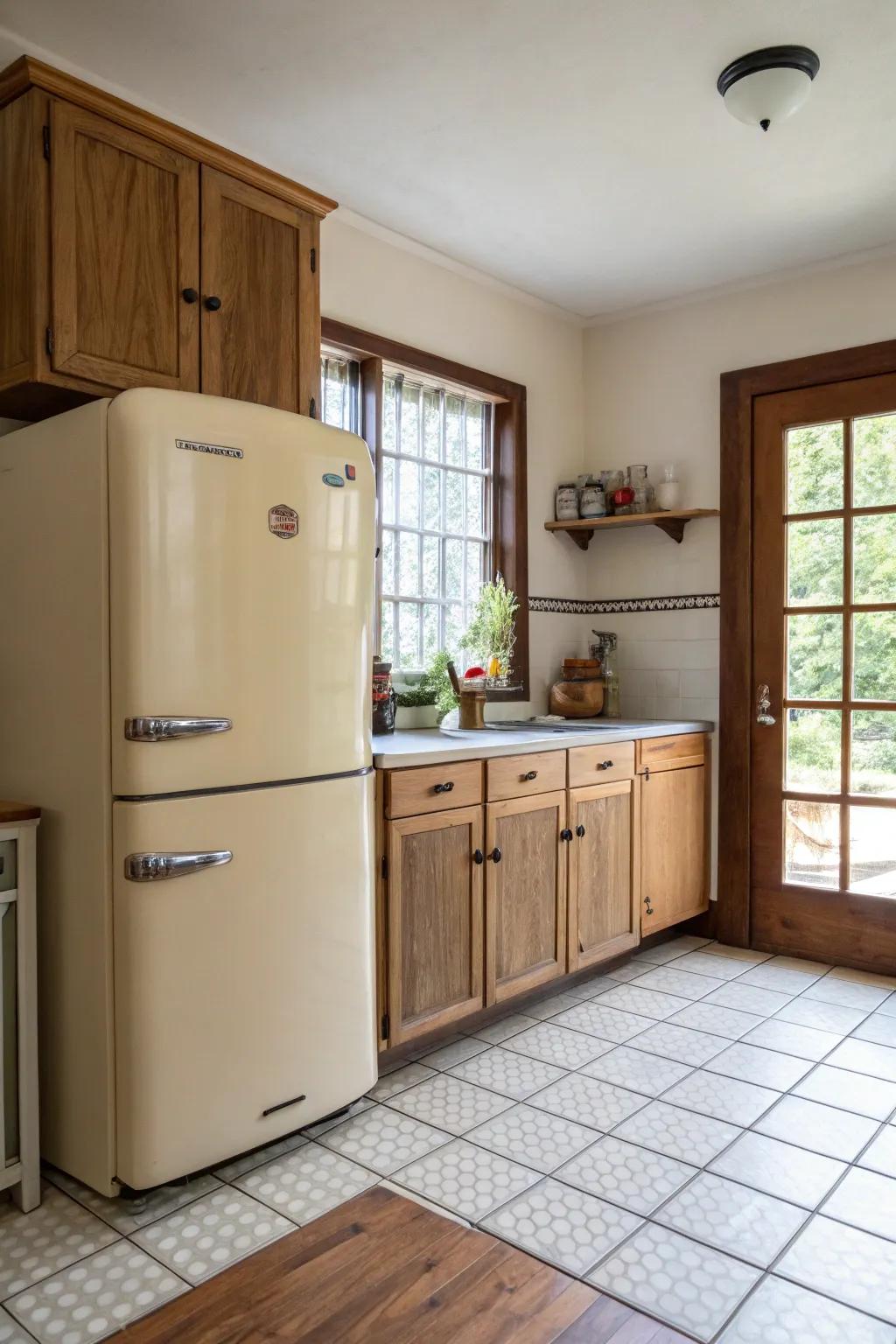 A cooking space showcasing a retro minimalist 'ice-box' that merges past and present design.