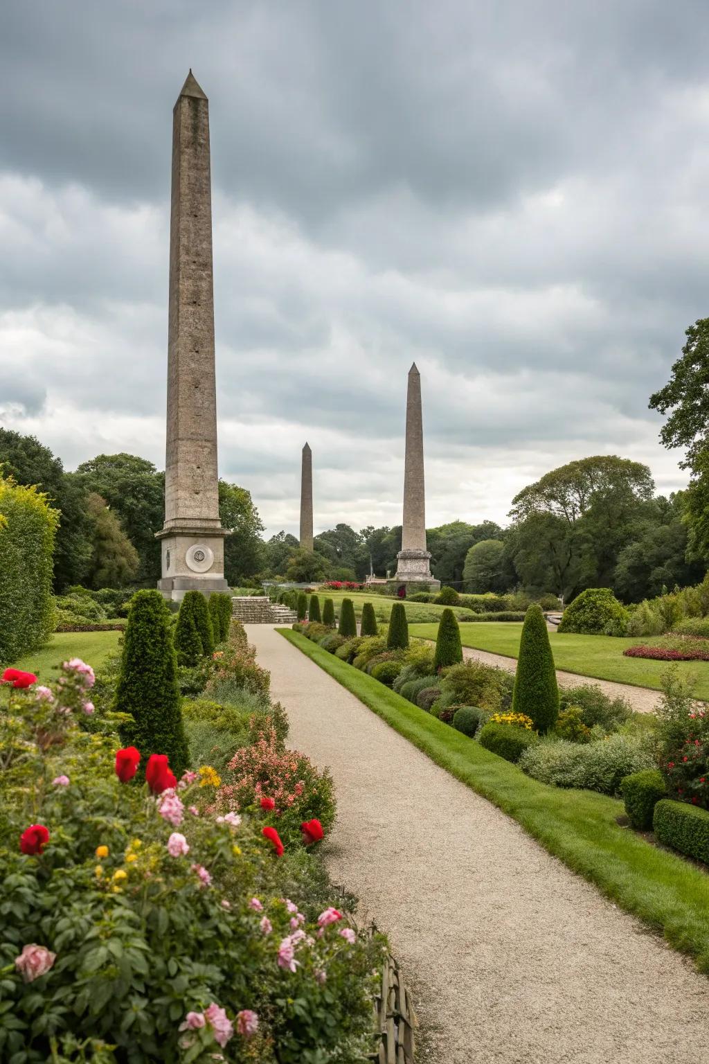 Tall rock obelisks serving as striking features in a garden.