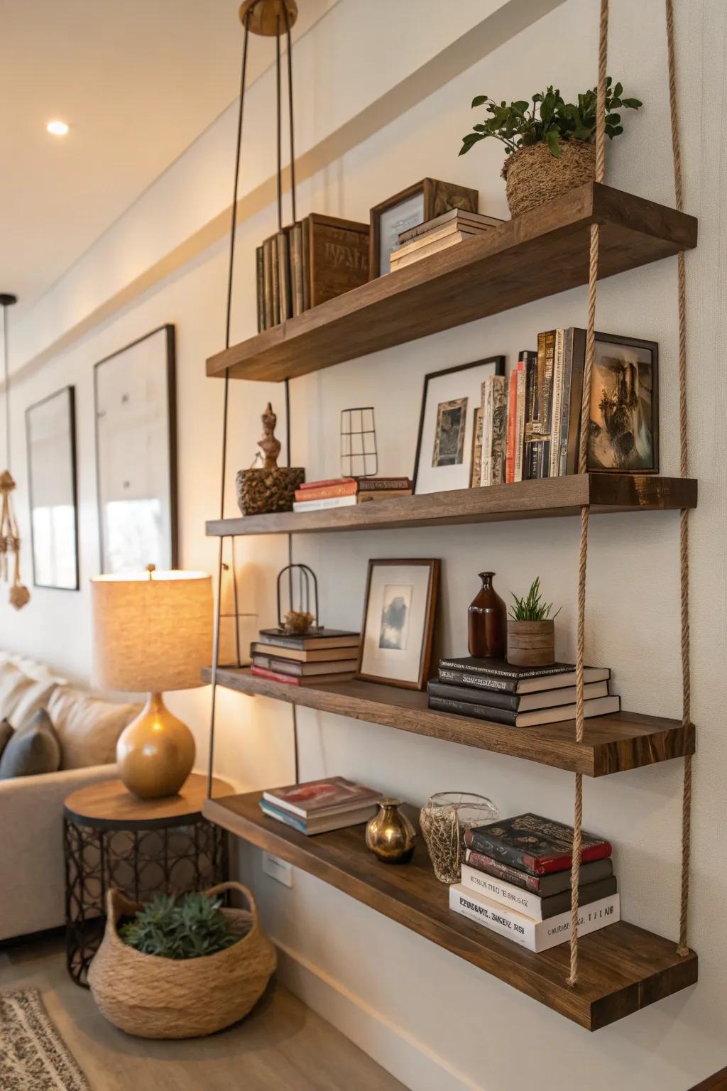 Floating shelves provide stylish storage solutions.