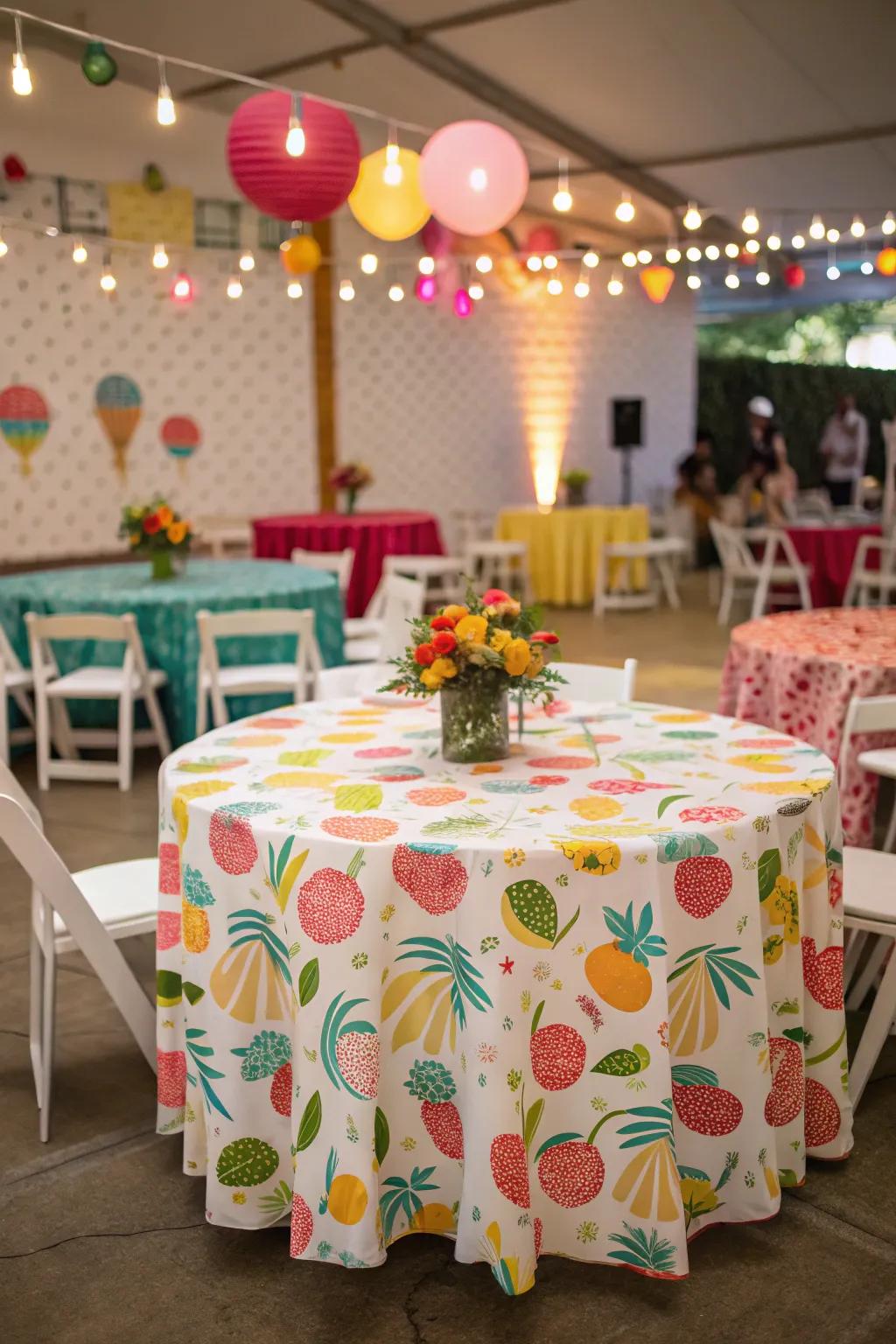 Playful patterned tablecloth adding charm to a wedding.