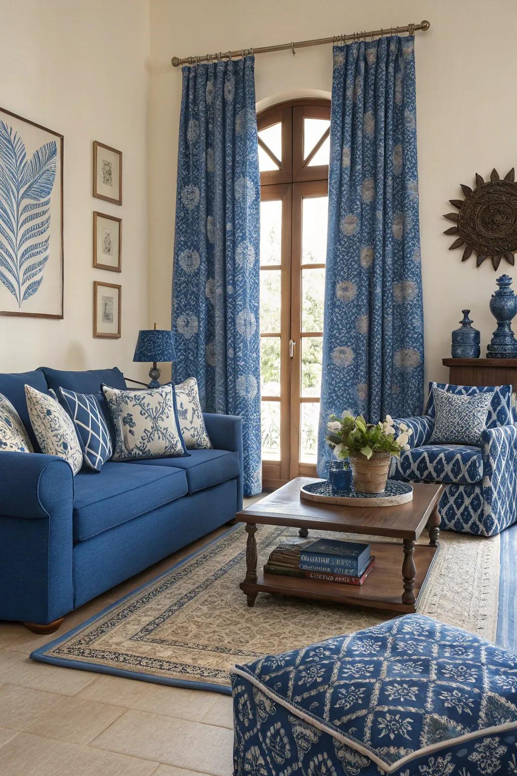 Bold patterns in sapphire add energy and create a stunning focal point.