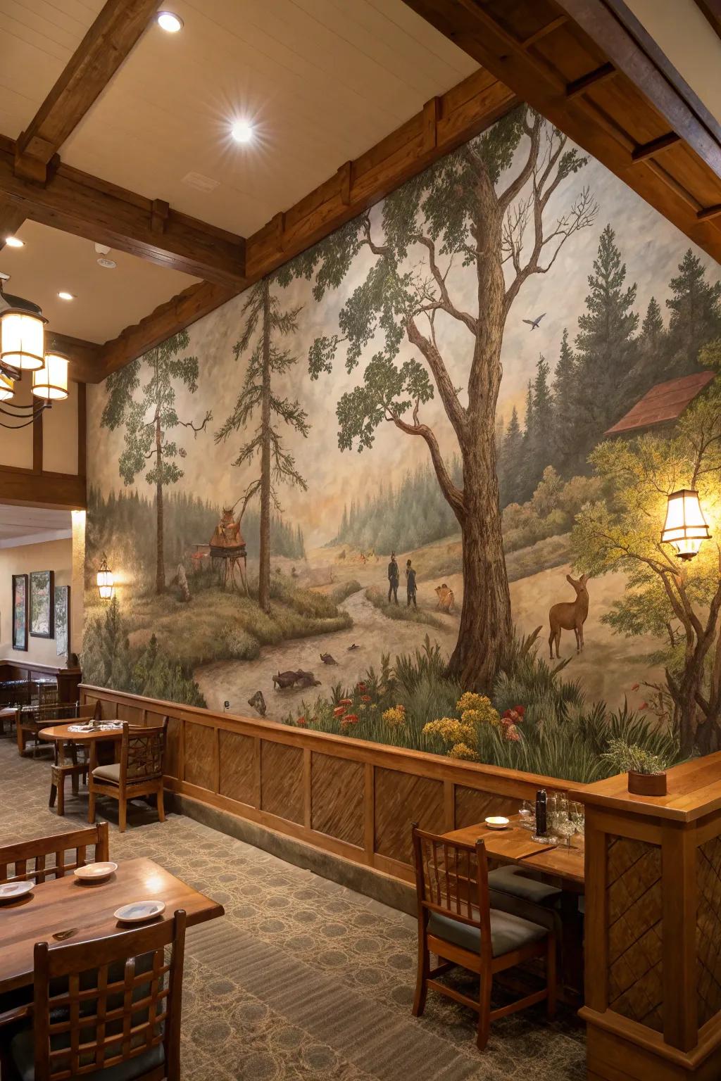 Wall murals create immersive rustic experiences.