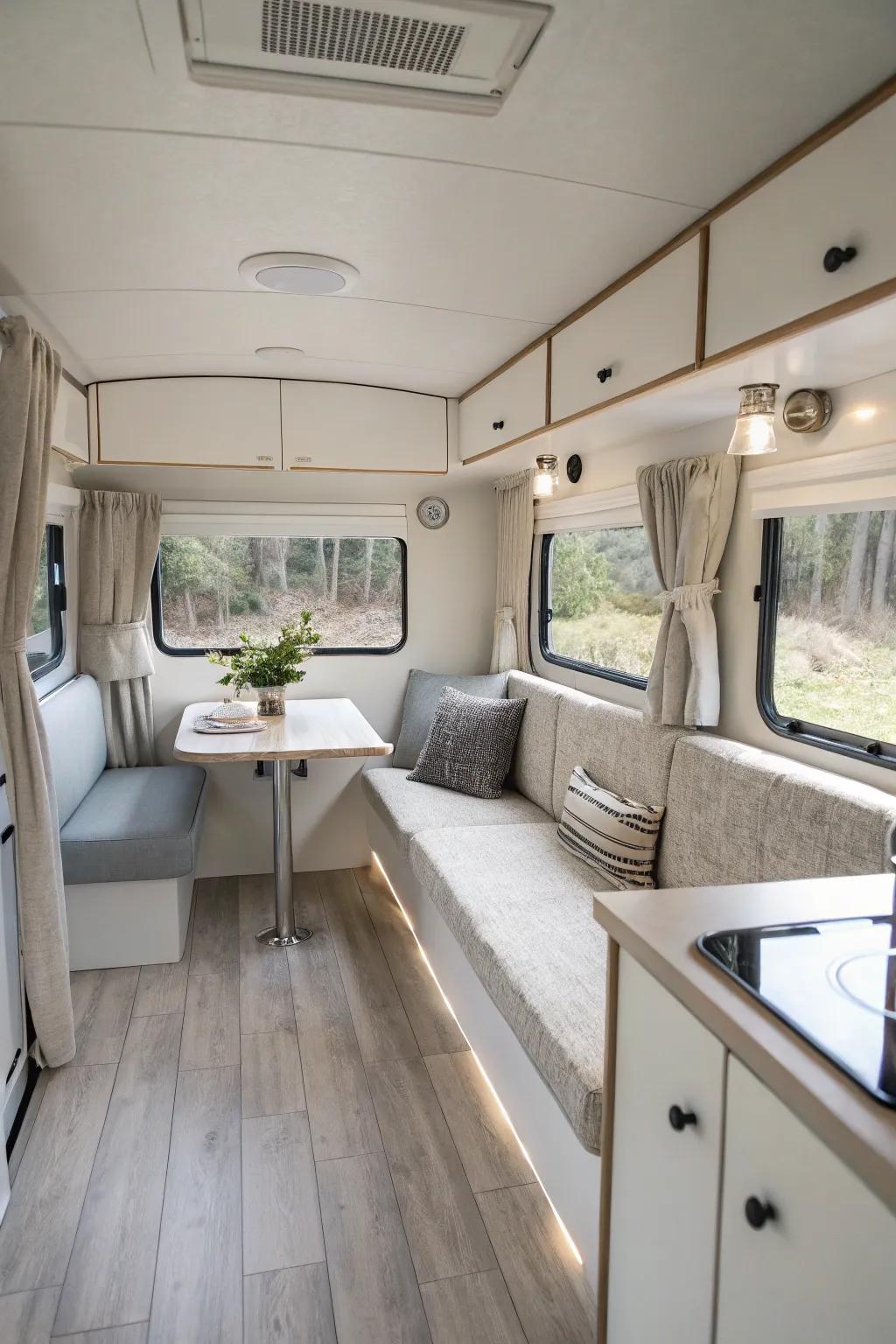 Minimalist serenity enhances focus and tranquility in this RV.