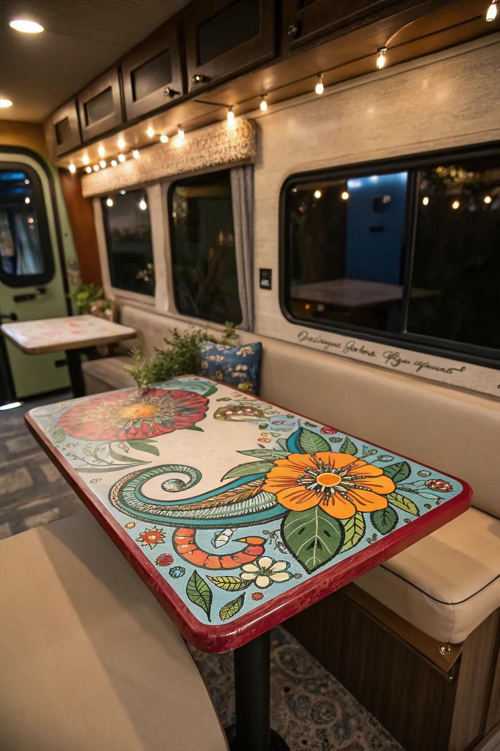 An artistic table converts your RV into a dynamic art exhibit.