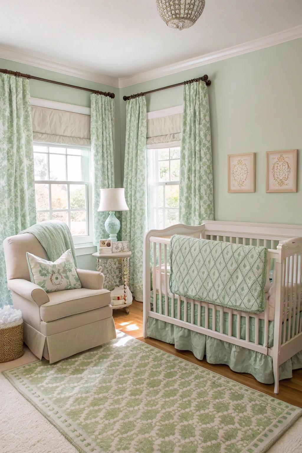 Sage green crib bedding complements the serene theme of the nursery.