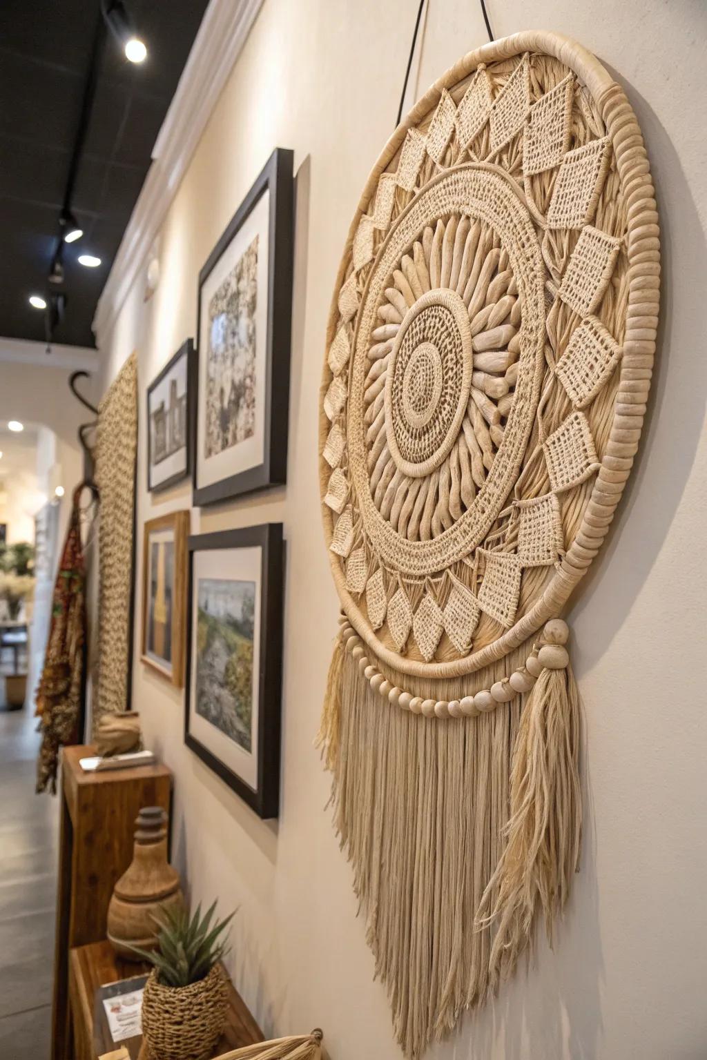 A wall featuring an ethically sourced handcrafted art piece