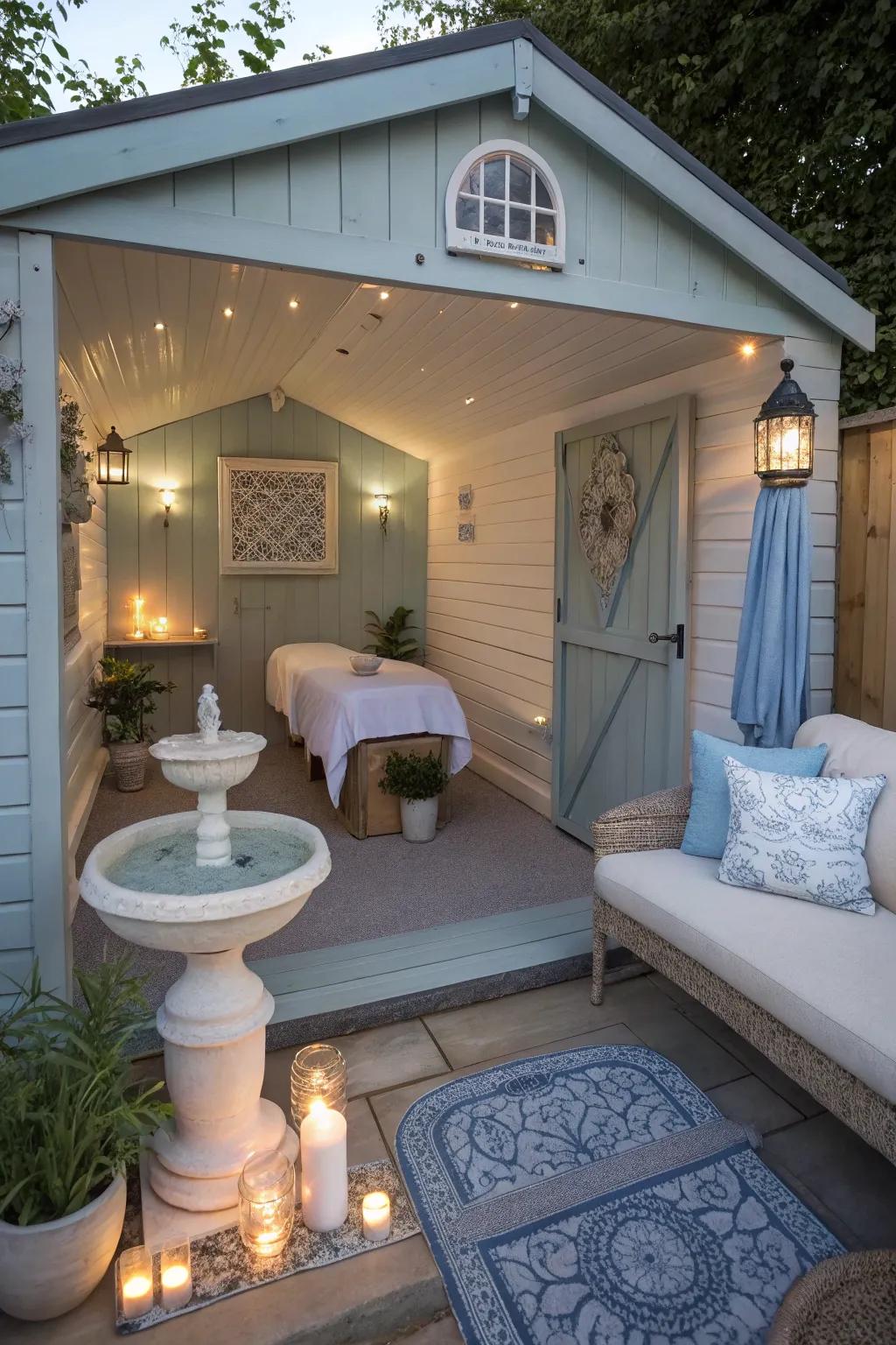 A shed home interior designed as a luxury spa escape.