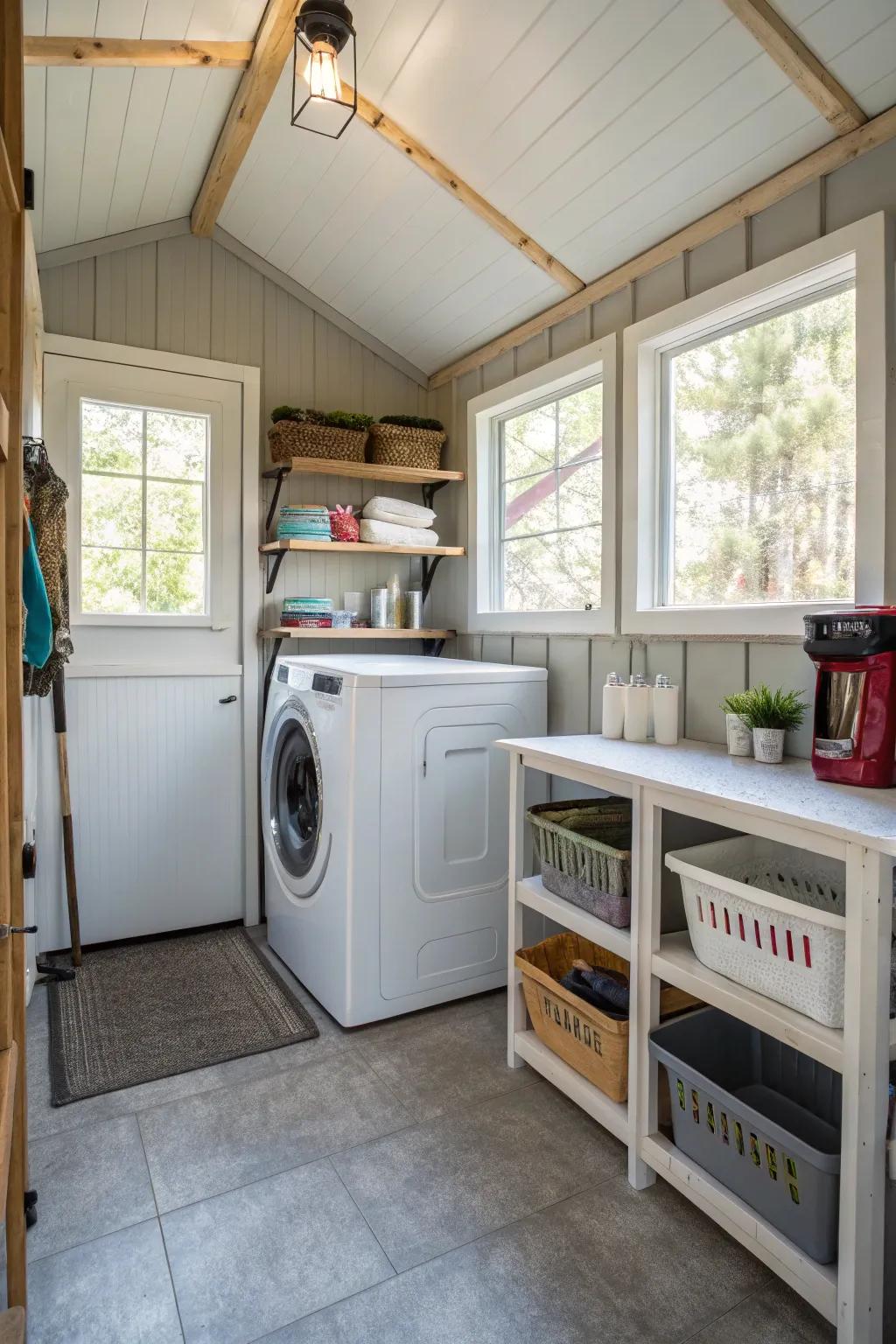 A shed converted into a practical laundry room.