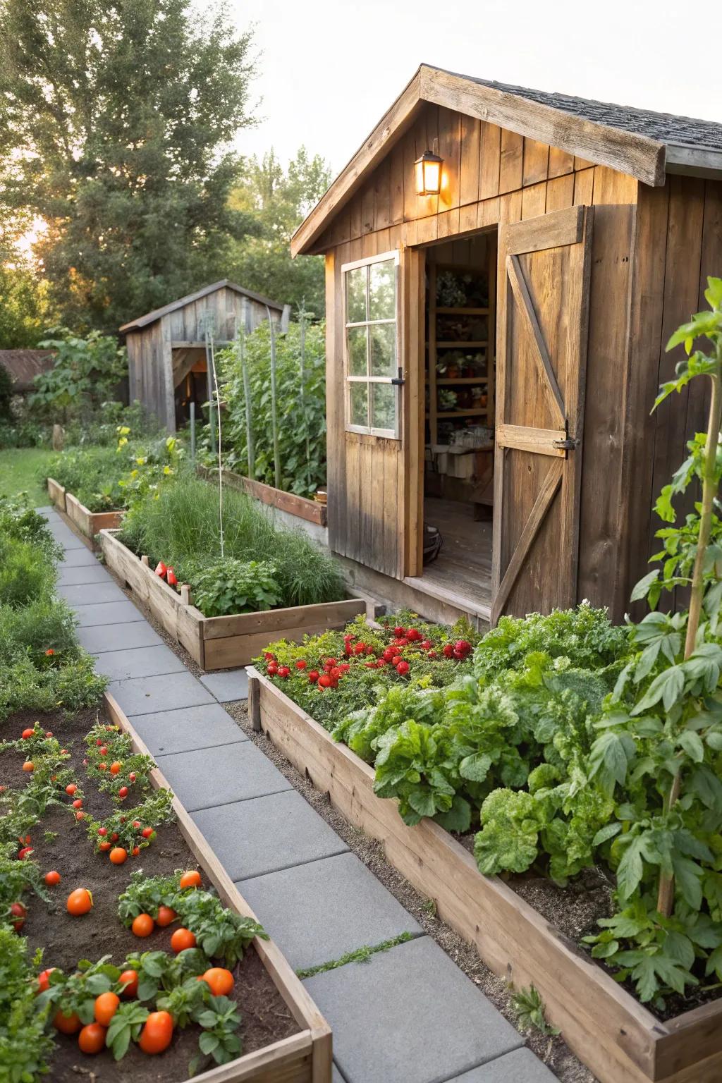 A shed becomes the central hub in a garden flanked by raised beds.