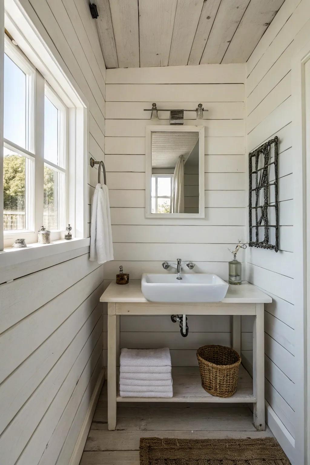 A minimalist bathroom with white shiplap for a serene look.